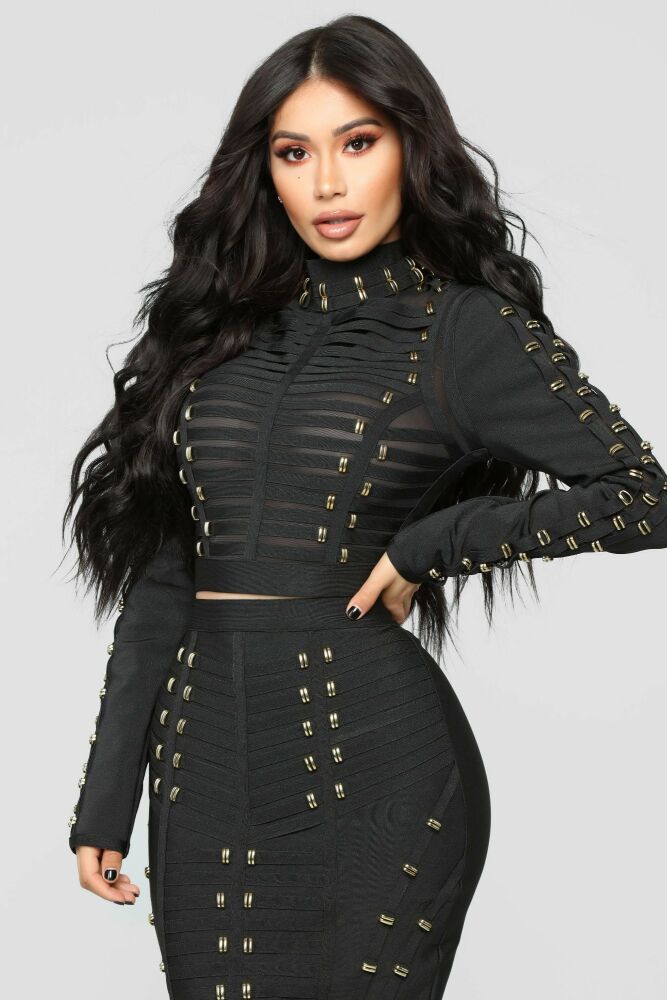 Bandage Black Strapped Up Long Sleeve Top Size: S