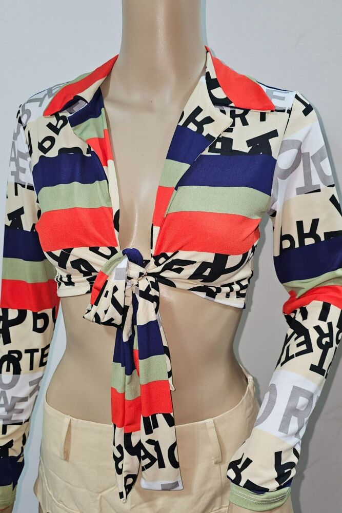 Crop Tie Front Long Sleeve Printed Top Size: M