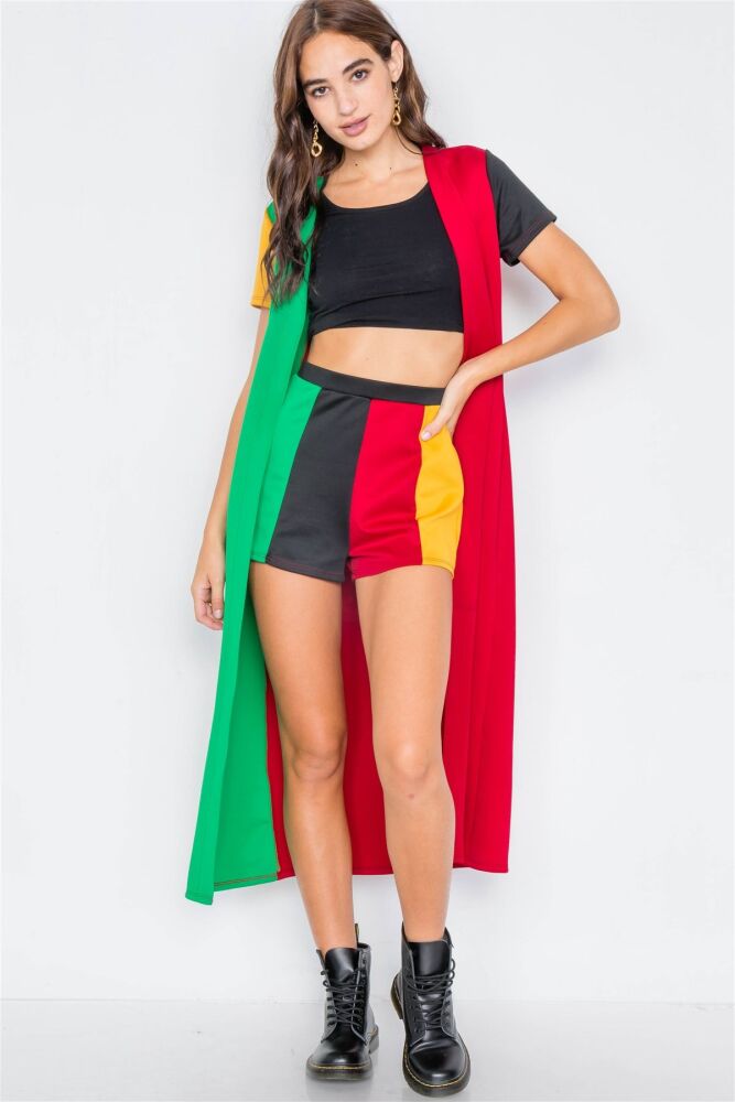 Red Black Green & Yellow Color Block Short Size: S