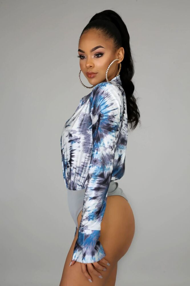 Blue Printed Taking Over Long Sleeve Bodysuit Size: M