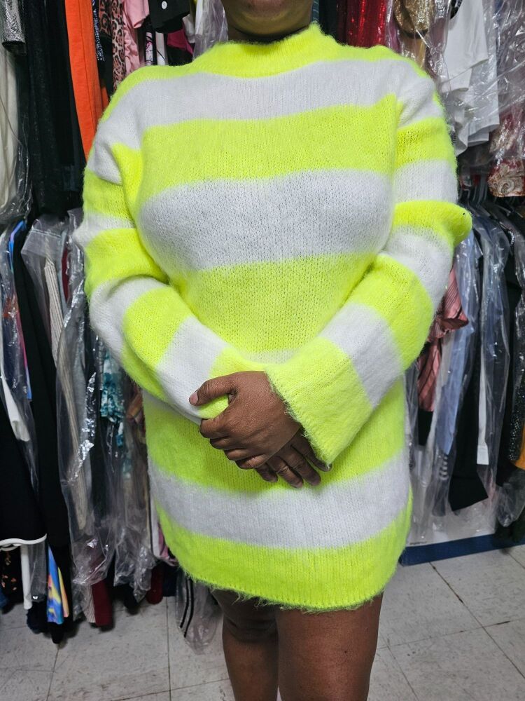 #DNS-1XL Neon Stripe Mock Neck Knit Long Sleeve Sweater Dress Size: 1XL