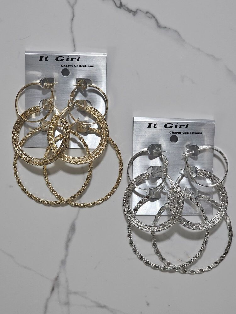 3-Pair Multi Style Fashion Hoop Earrings