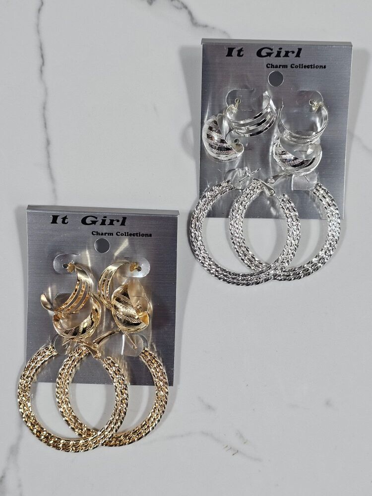 3-Pair Multi Style Hoop Earrings