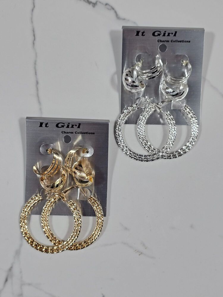 3-Pair Multi Style Hoop Earrings
