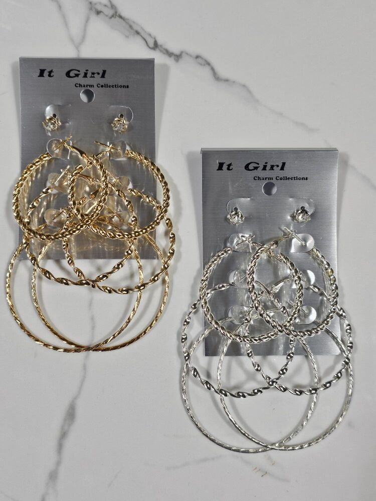 3-Pair Multi Style Hoop Fashion Earrings