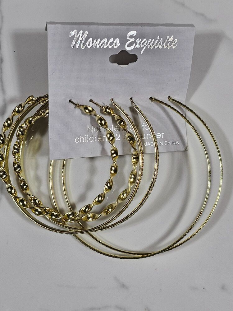 3 Pair Fashion Gold Hoop Mix Pattern Earrings