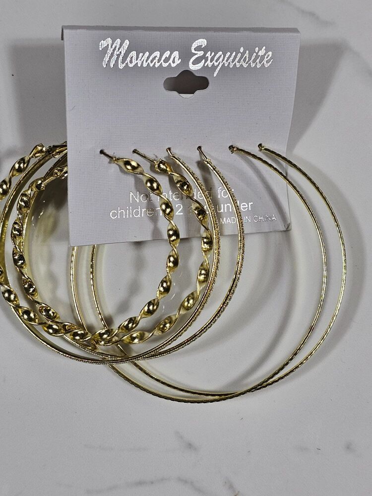 3 Pair Fashion Gold Hoop Mix Pattern Earrings
