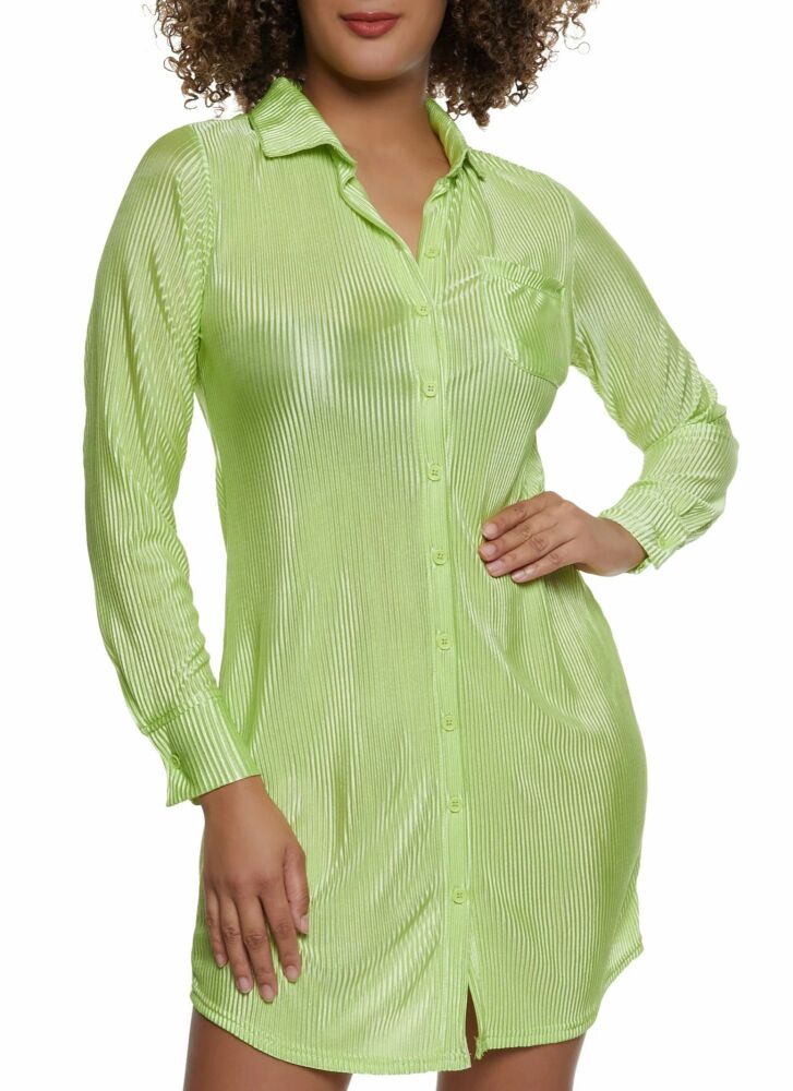Size: L Lime Green Plisse Long Sleeve Shirt Dress SKU: C08791