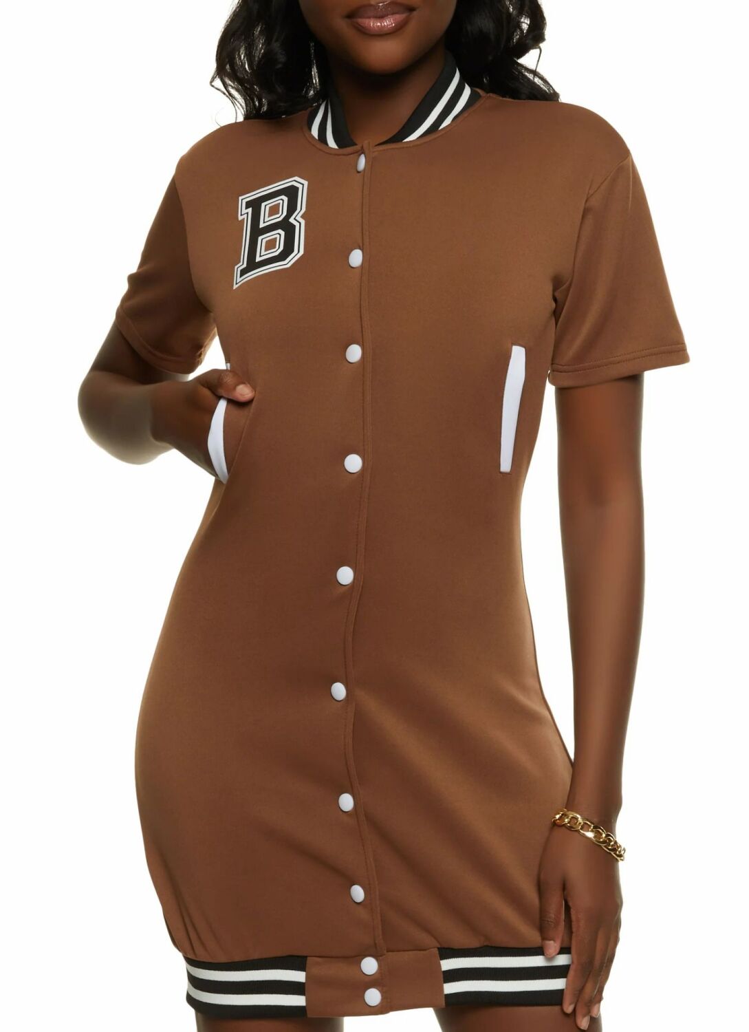 Brown Button Front Baseball Jersey Dress Size: M