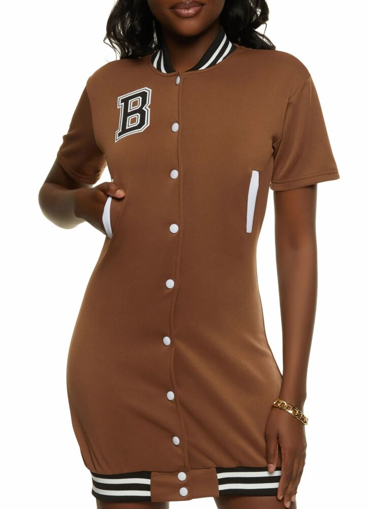 Size: M Brown Button Front Baseball Jersey Dress SKU: B007681