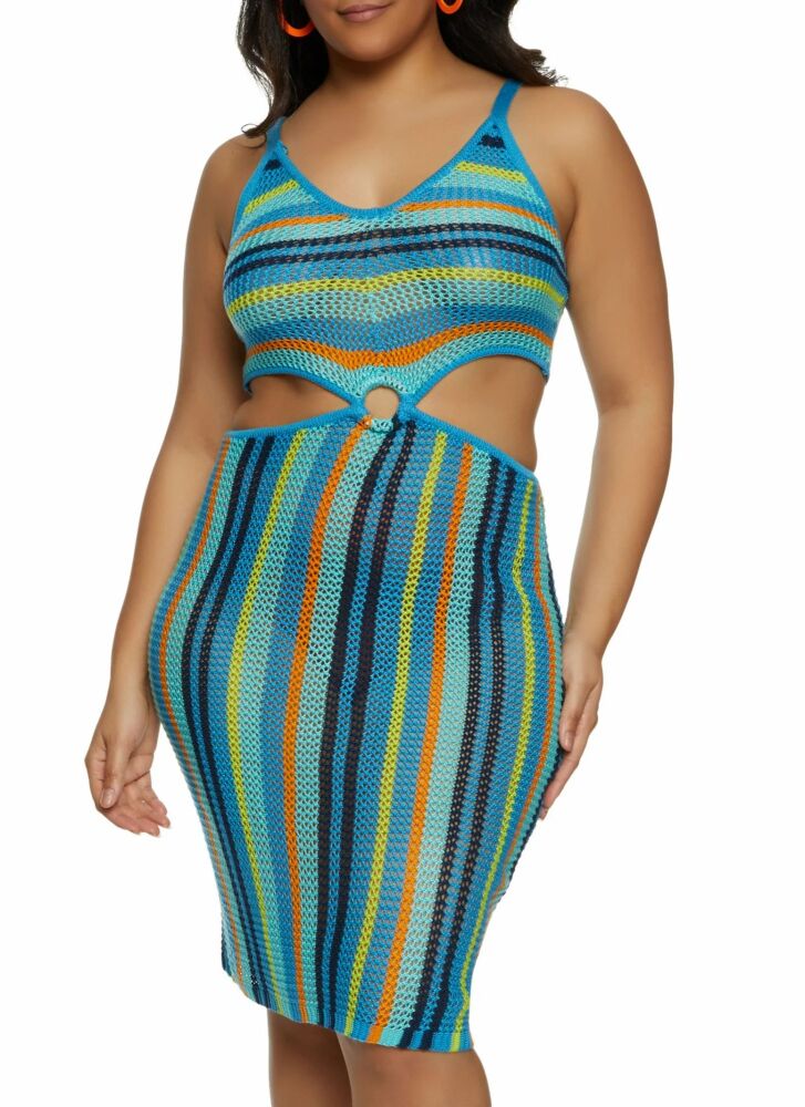 Size: 1XL Blue Striped Crochet Cut Out Dress SKU: D06785