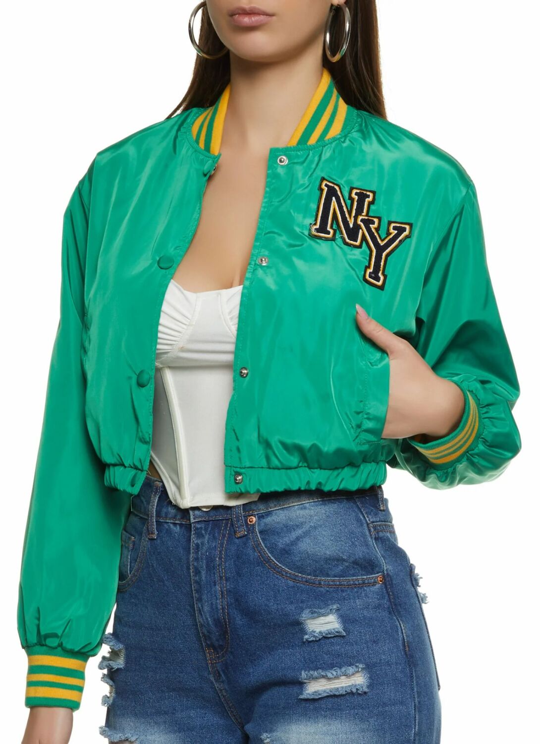 Green NY Chenille Patch Varsity Long Sleeve Jacket Size: L