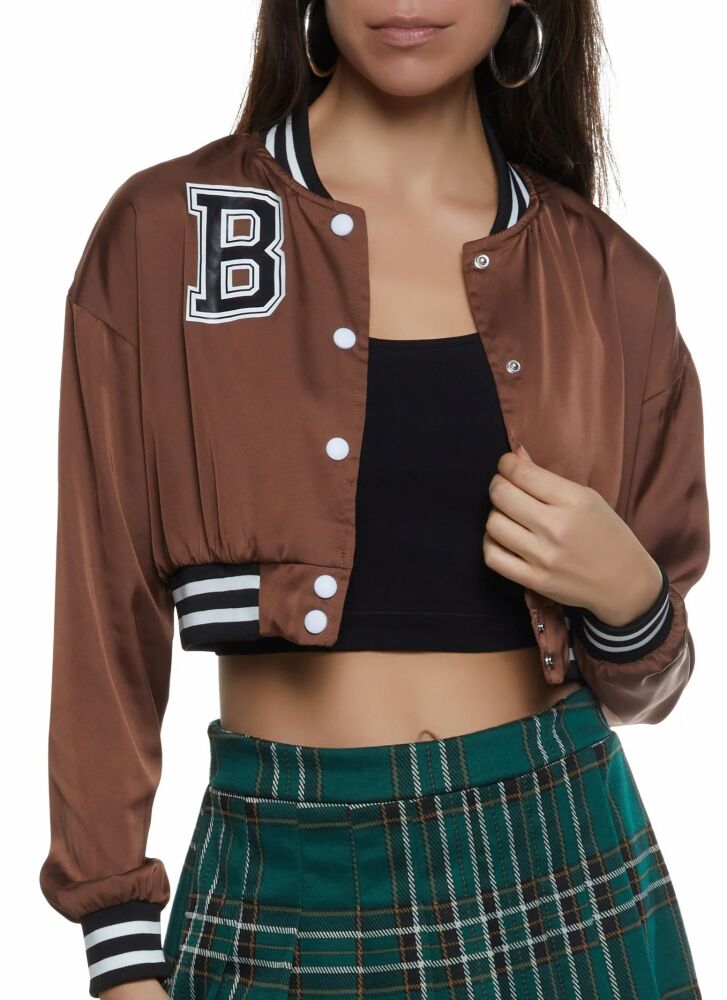 Brown Cropped Satin Long Sleeve Jacket