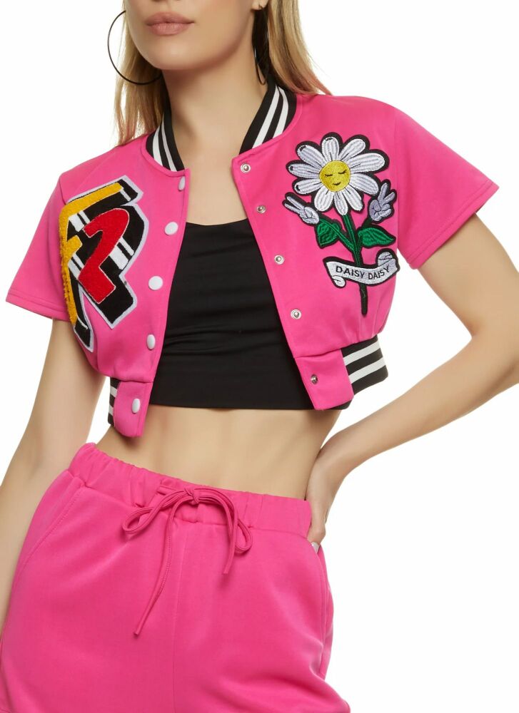 Pink Daisy Patch Cropped Jacket Size: M