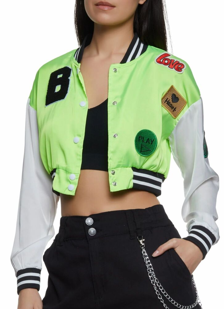 Lime Green Graphic Patch Satin Cropped Jacket Size: ML