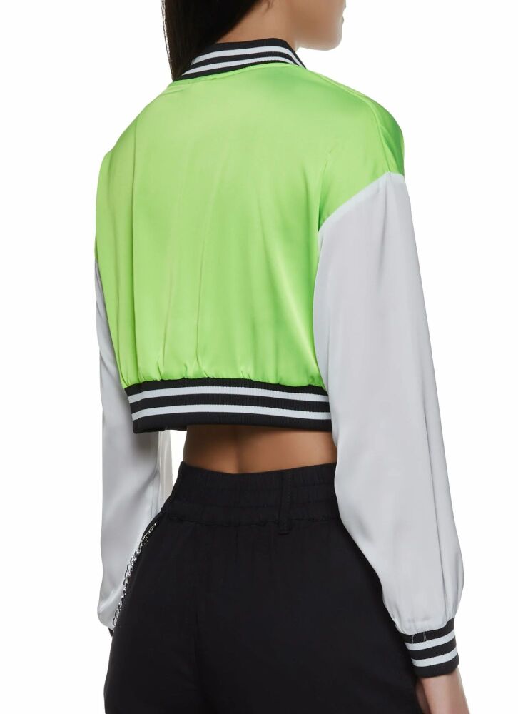 Lime Green Graphic Patch Satin Cropped Jacket Size: ML