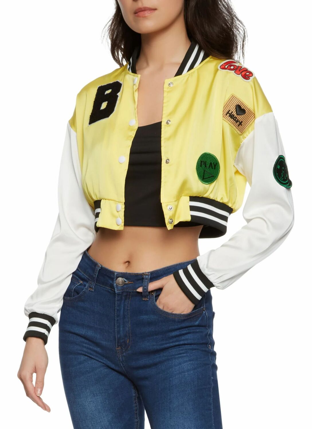 Lime Green Graphic Patch Satin Cropped Jacket Size: L