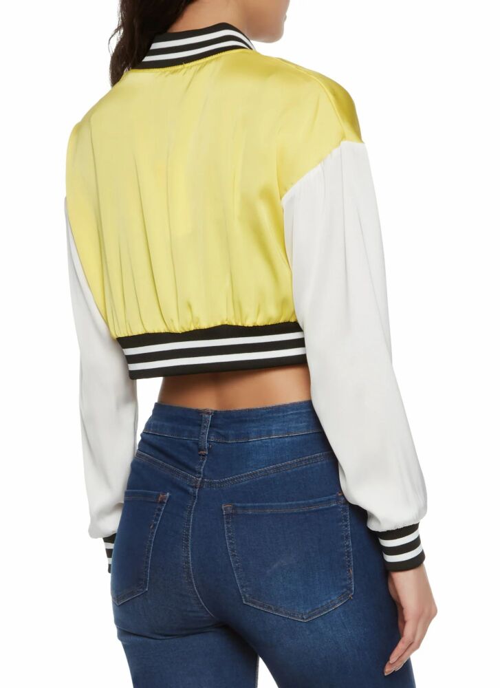 Yellow Green Graphic Patch Satin Cropped Jacket Size: L