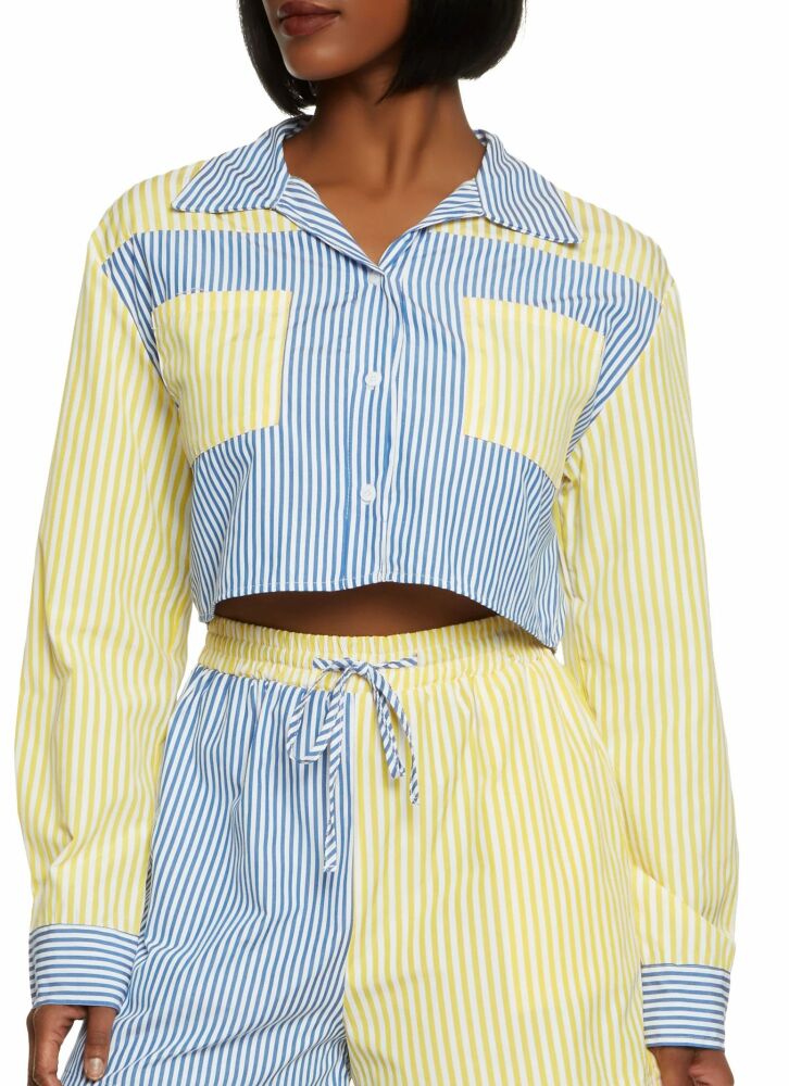 Royal Blue/Yellow Color Block Striped Button Front Shirt Size: M
