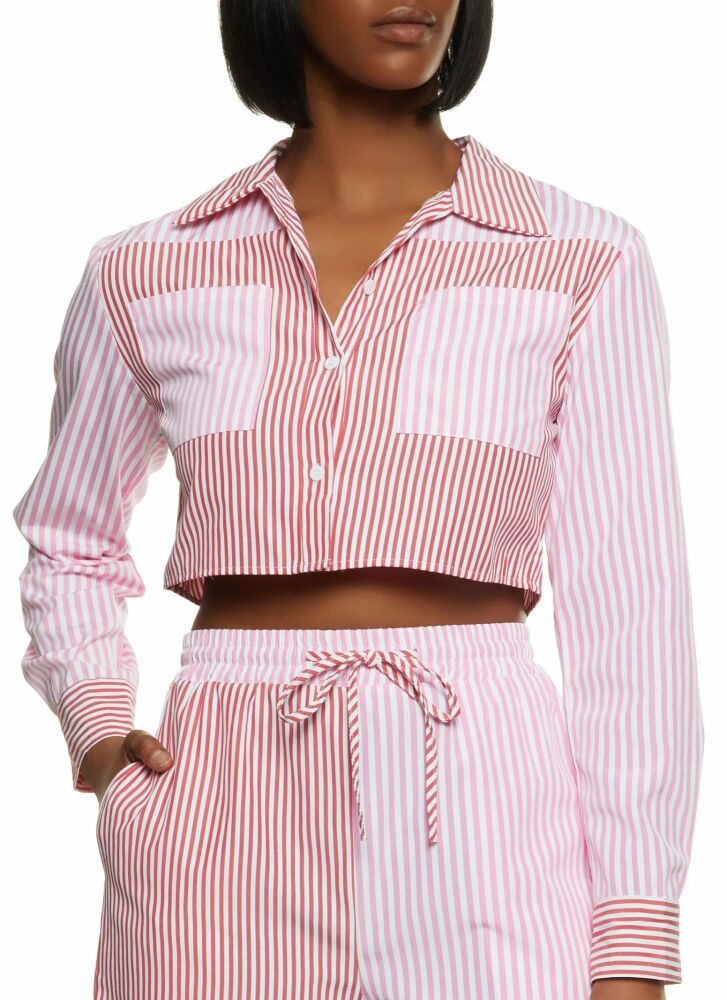 Pink Color Block Striped Button Front Shirt Size: L