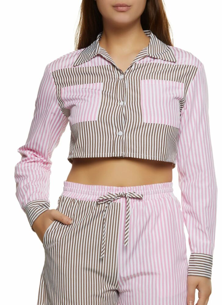 Multi Brown/Pink Color Block Striped Button Front Shirt Size: M