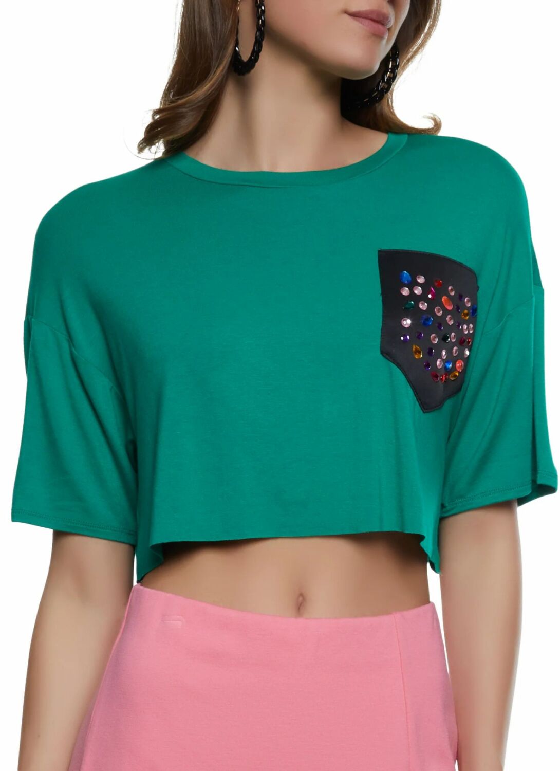 Rhinestone Pocket Green Cropped Tee