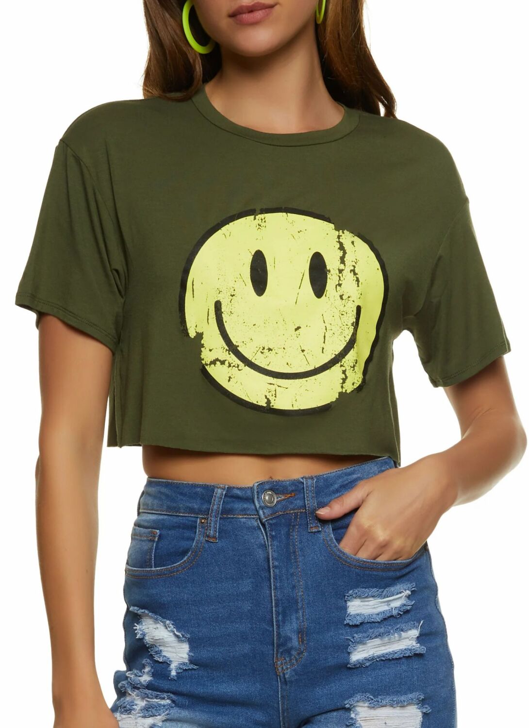 Olive Green Smiley Graphic Print Tee Size: M