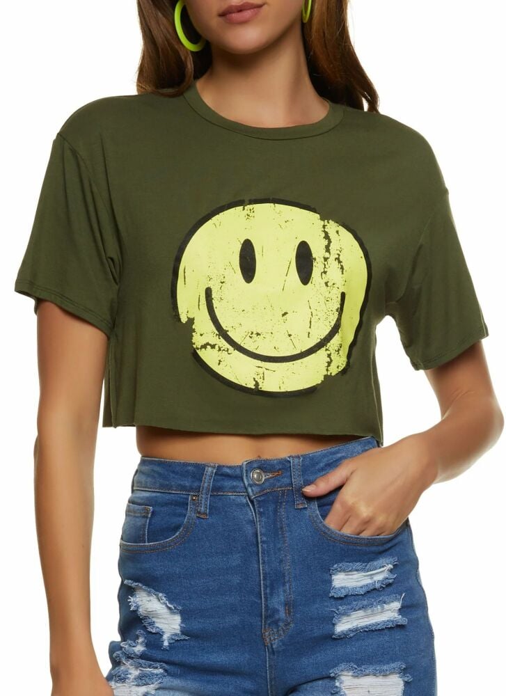 Size: M Olive Green Smiley Graphic Print Tee