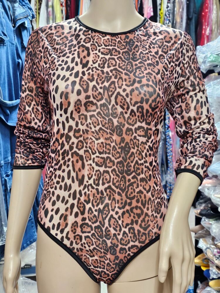 Leopard Print Mesh Skinny Fit Bodysuit Size: L