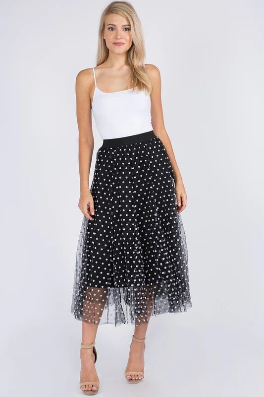 Polka Dots Elastic Waist Midi Length Skirt Size: L