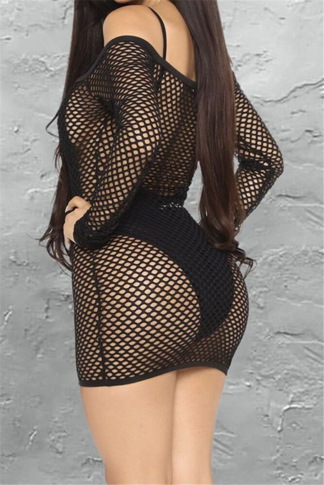Mesh Black See Through Off-Shoulder Long-Sleeve Cover-Up Dress Size: M