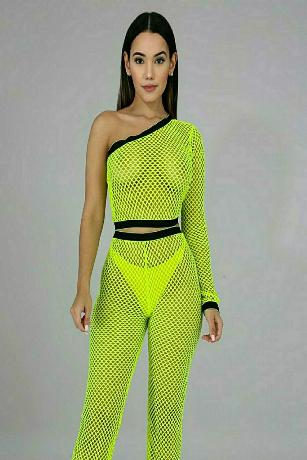 Neon Yellow Long Sleeve Fish Net Top Size: ML