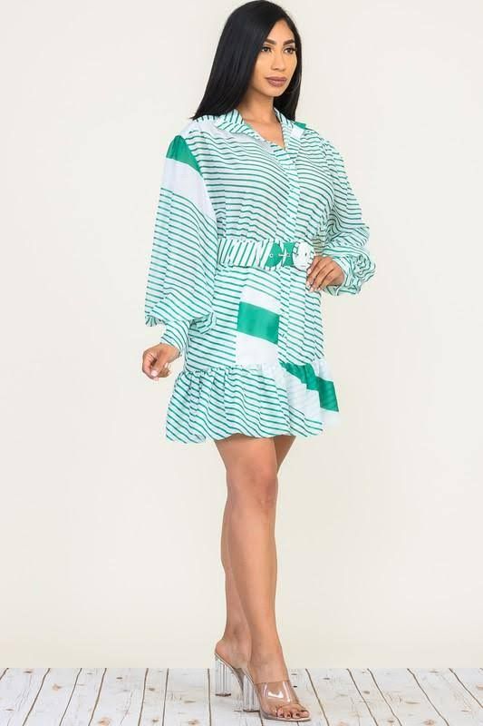 Puff Sleeve Green Belted Stripes Dress Size: S