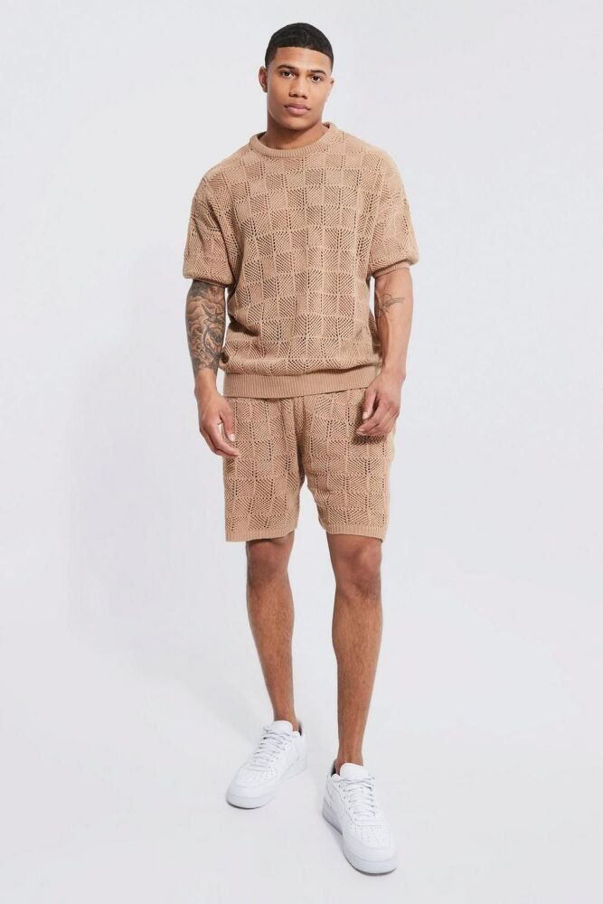 Knitted Diamond Textured Oversized T-shirt And Short Set Size: L
