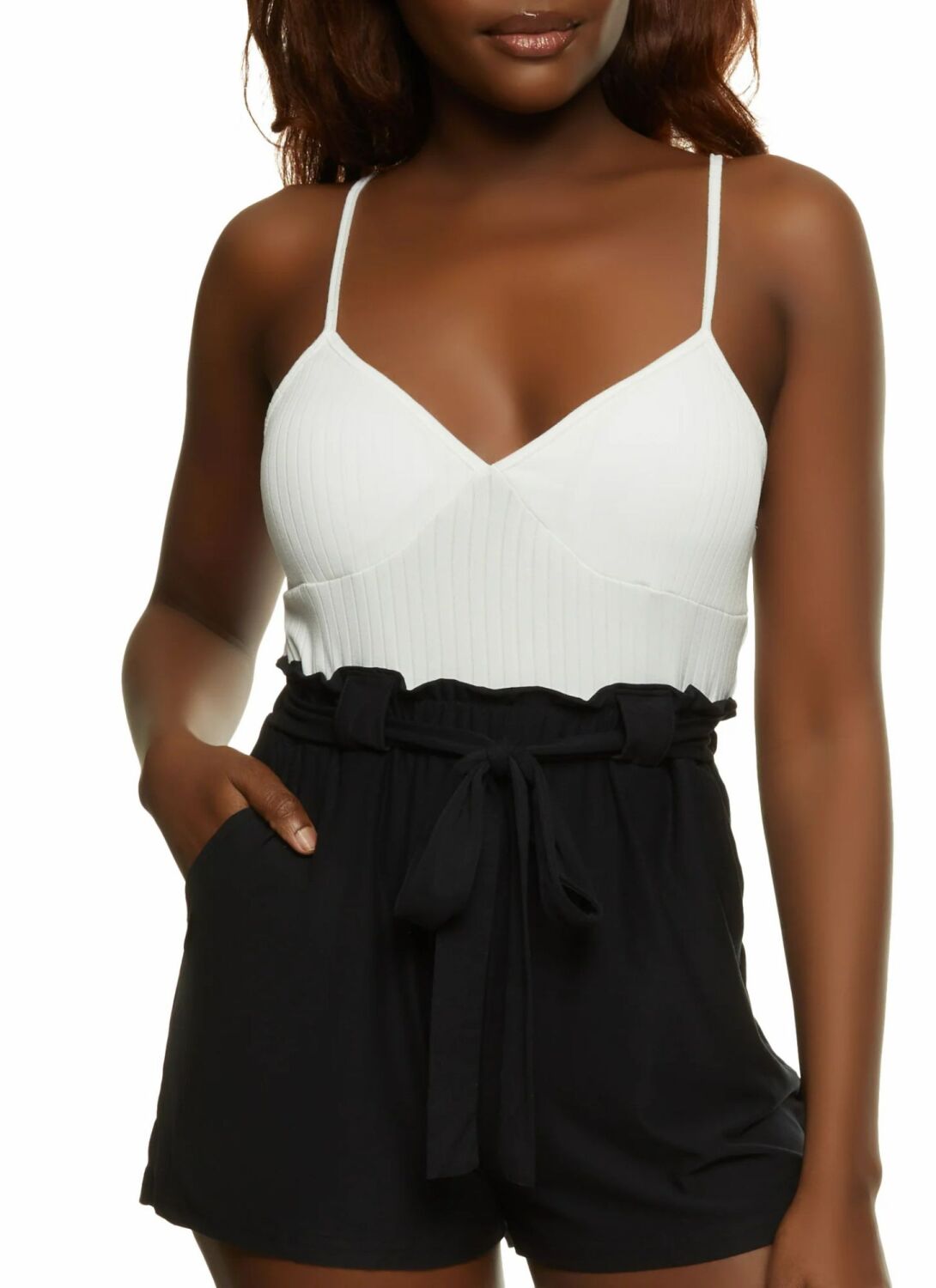 Black Ribbed Paper Bag Waist Cami Strap Romper SKU: BRPBWCS-R