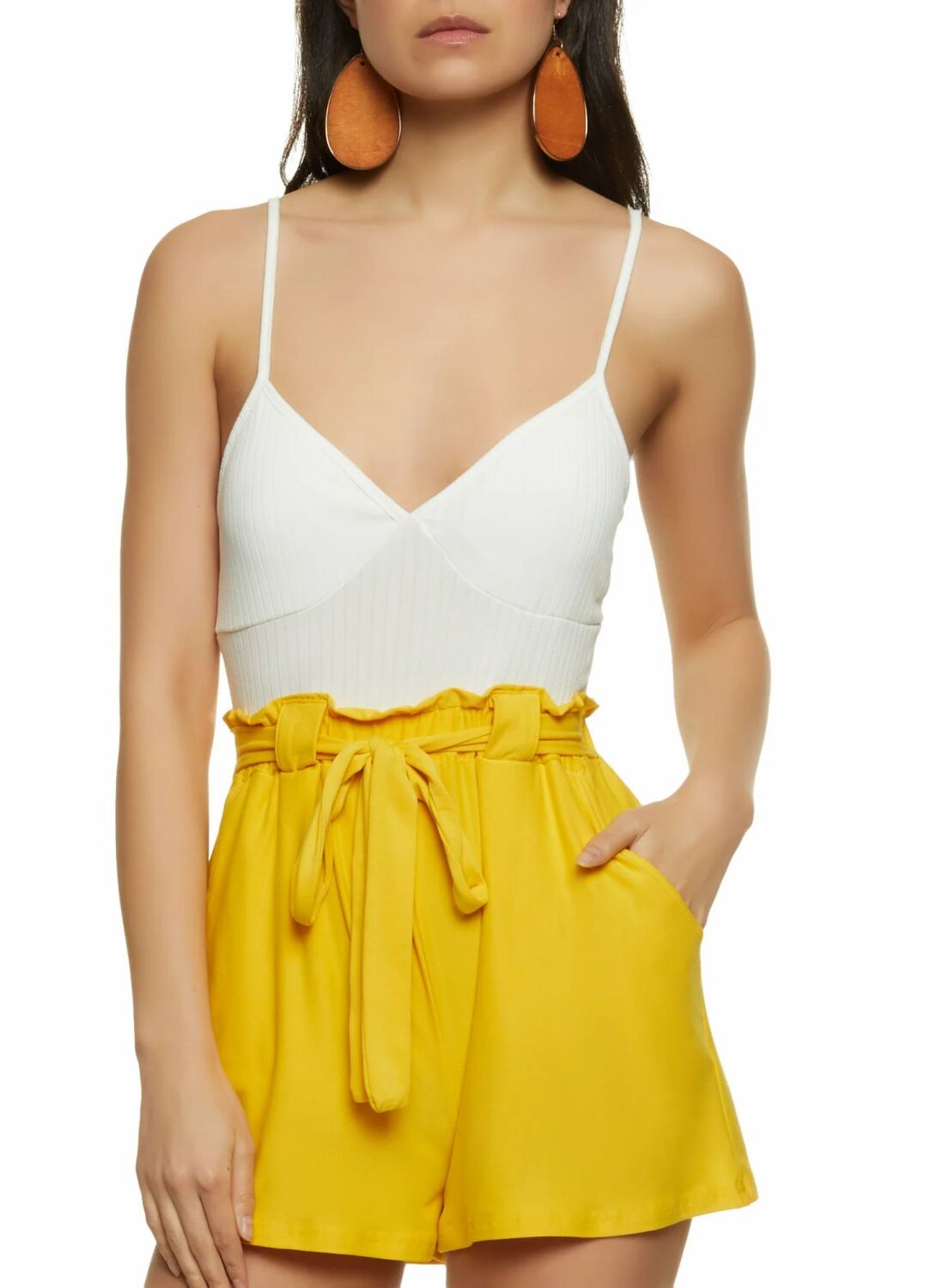 Yellow Ribbed Paper Bag Waist Cami Strap Romper SKU: YRPBWCS-R