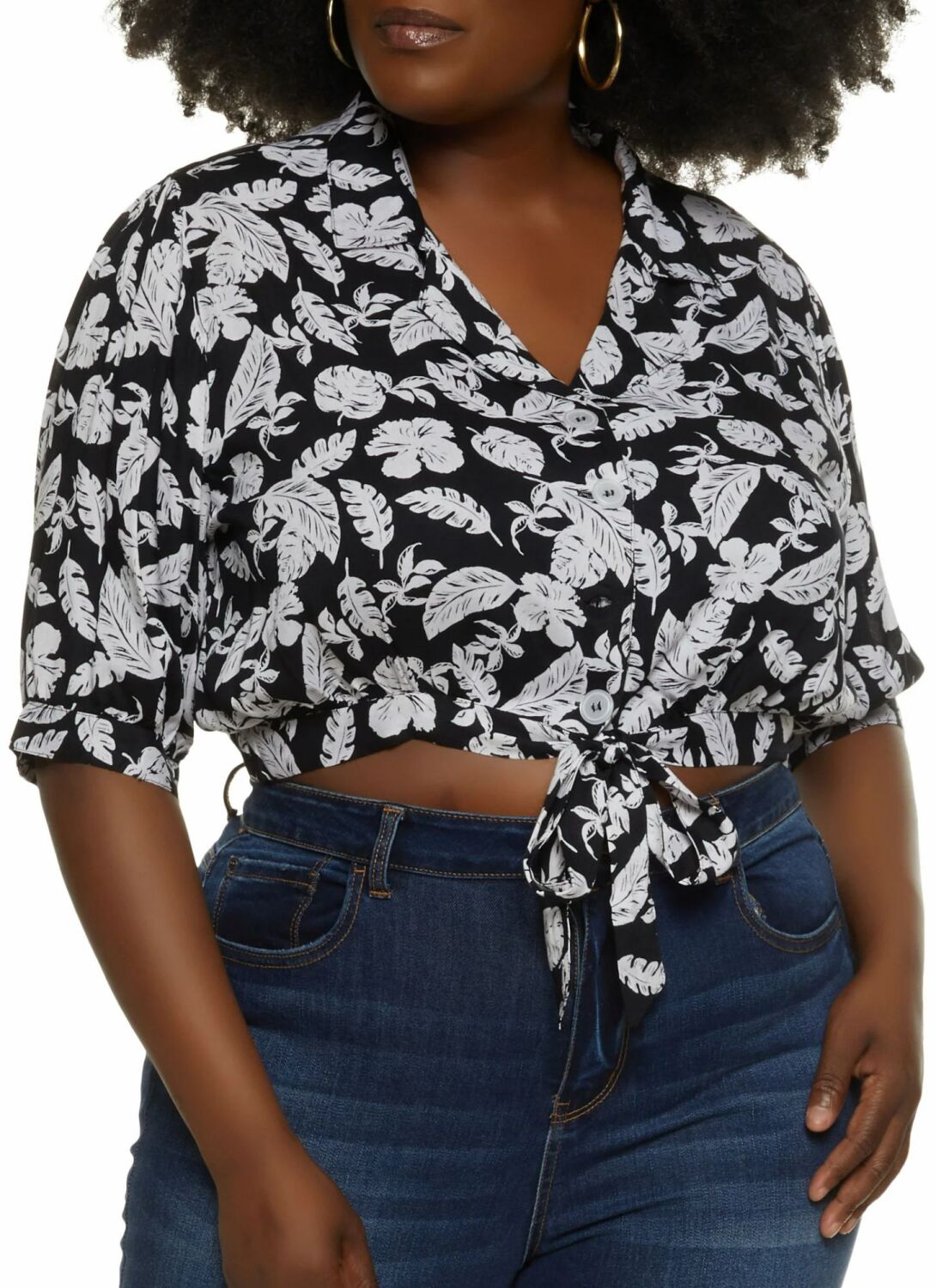 Black/White Leaf Print Tie Front Cropped Shirt SKU: BWLPTFC-S