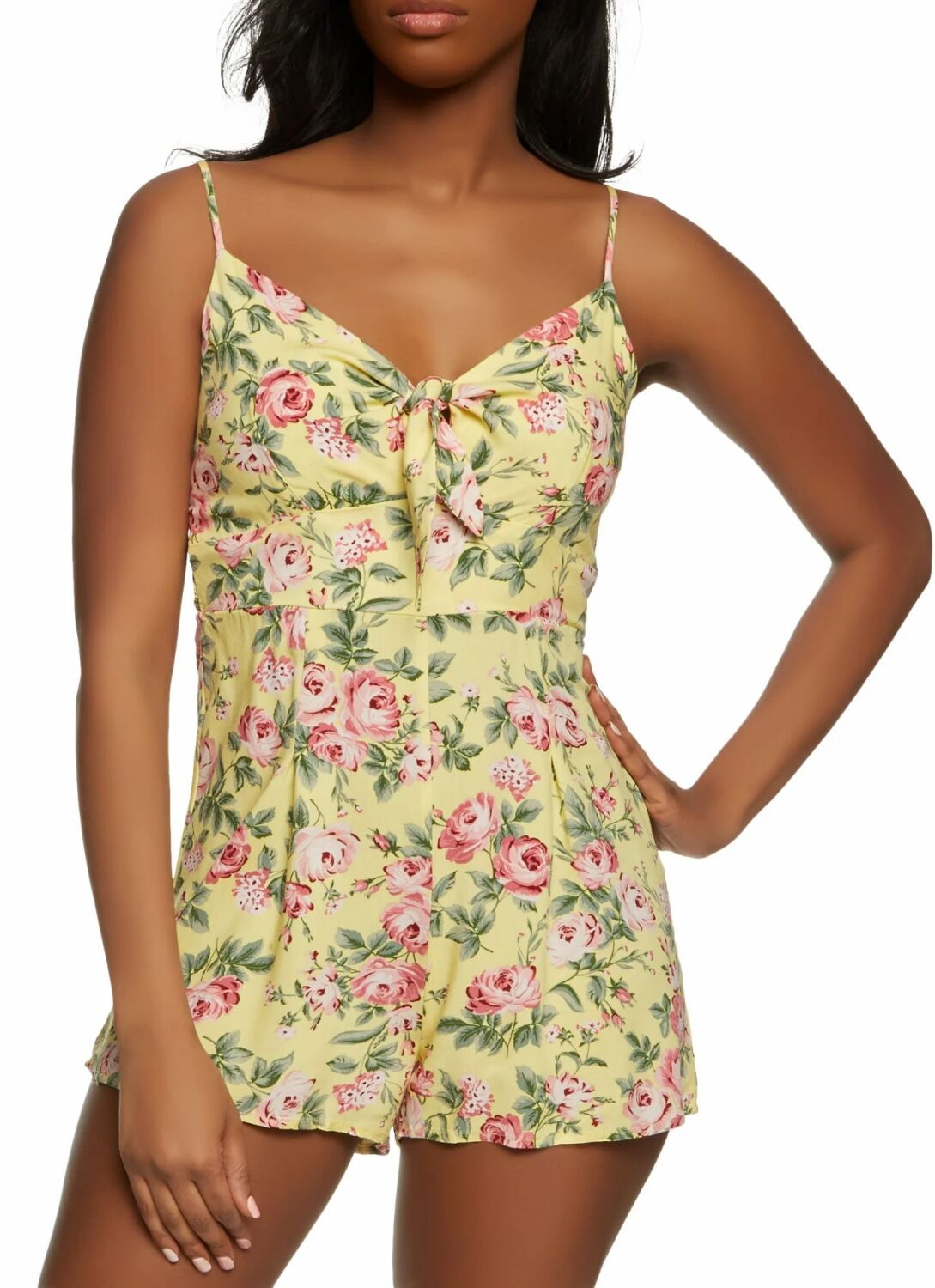 Yellow Floral Print Tie Front Romper SKU: YFPTW-R