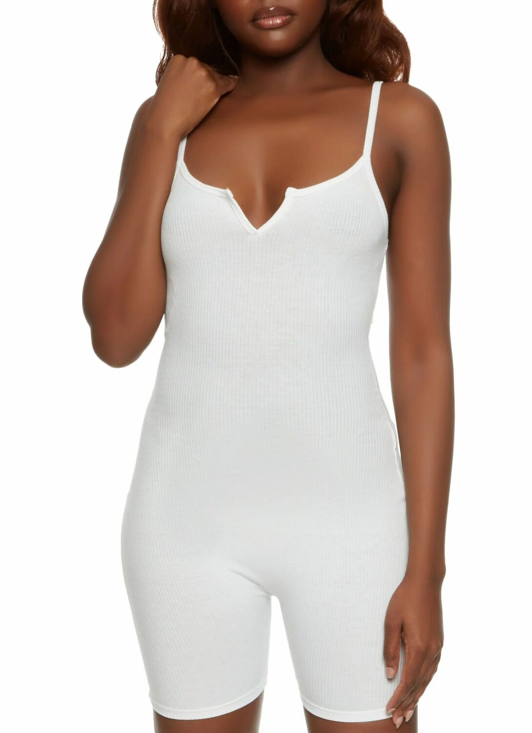 White Ribbed Notch Neck Sleeveless Cami Romper SKU: WRNNSC-R