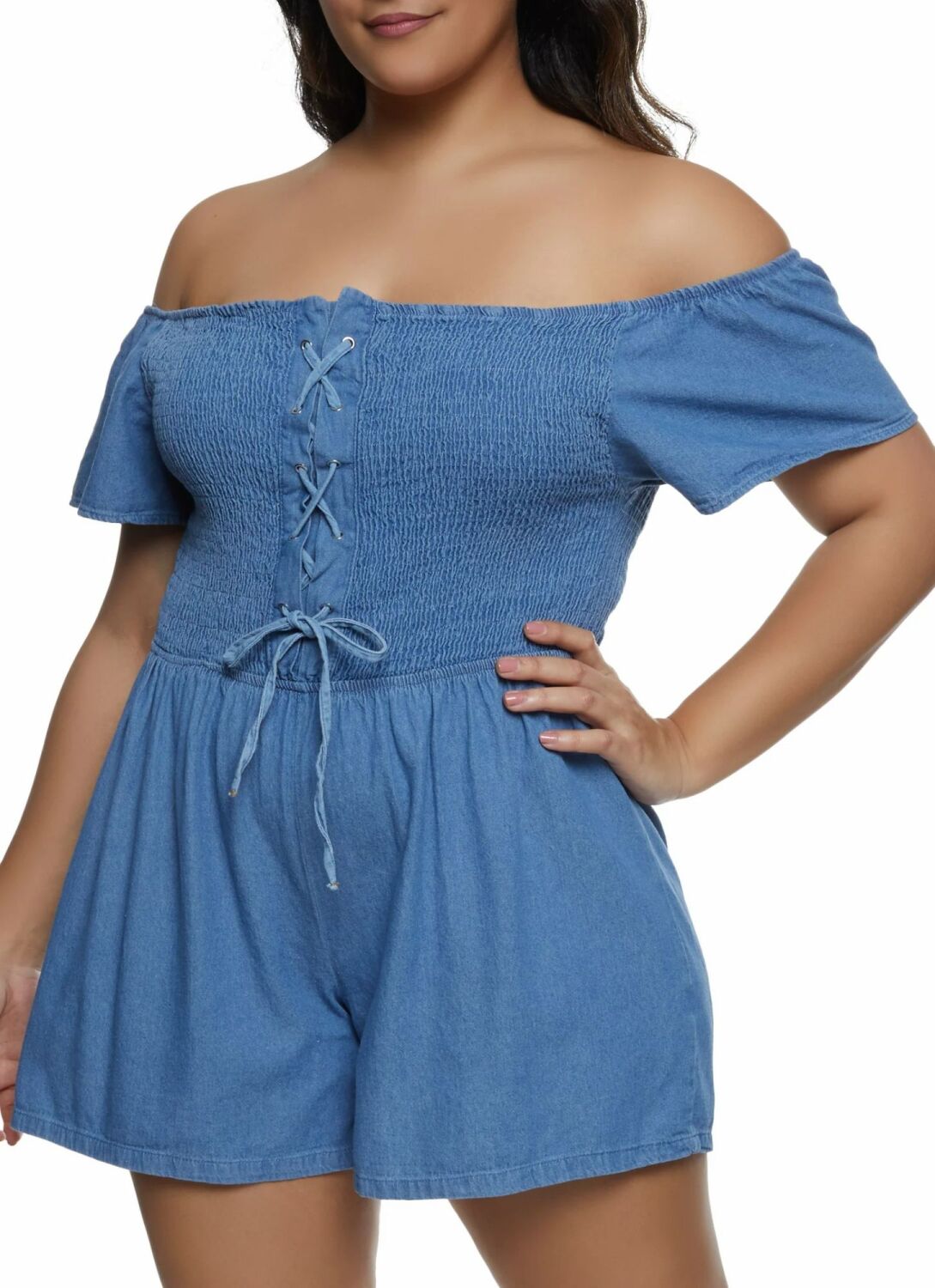 Size: Medium Wash Off The Shoulder Denim Romper SKU: MWOTSD-R