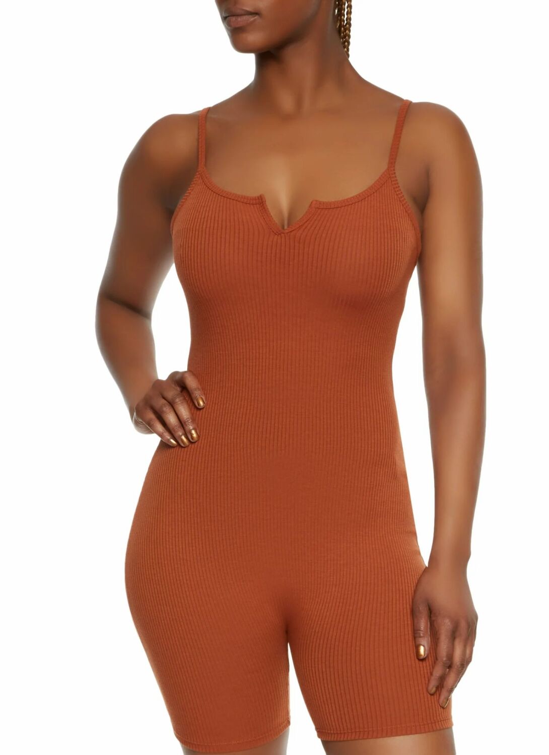 Size: M Rust Ribbed Notch Neck Cami Romper SKU: RRNNC-R