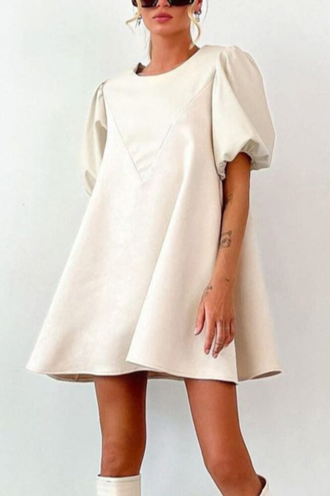 Size: L Cream White Pu Puff Sleeves Mini Dress SKU: C06759
