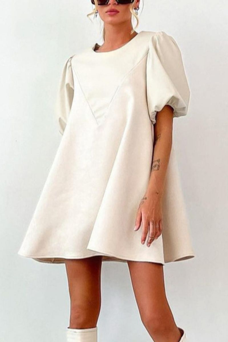 Size: L Cream White Pu Puff Sleeves Mini Dress SKU: C06759 COMING SOON