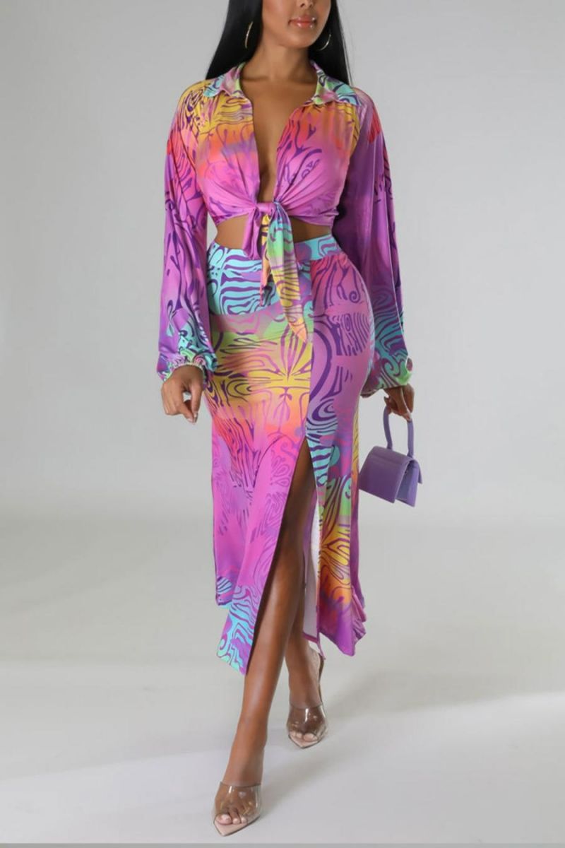 Size: 1XL Stretch Printed Long Sleeve Skirt Set SKU: SPLSSS-2P1XL