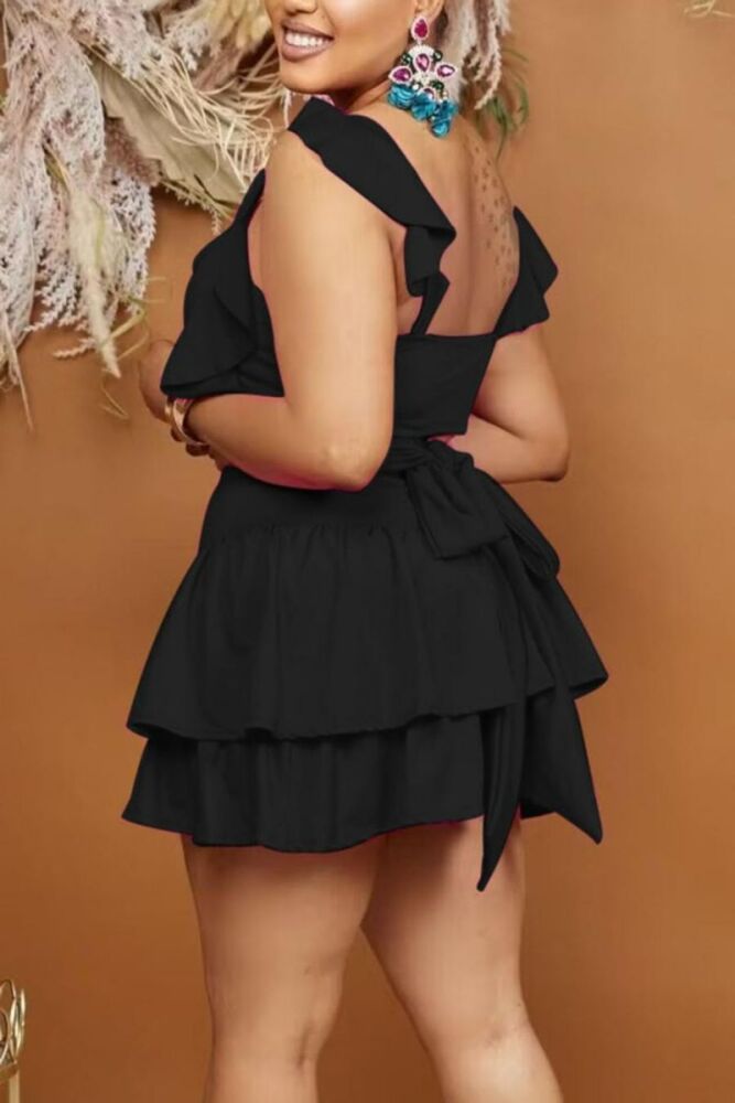 Size: L Black Ruffle Lace-Up High Waist Skirt Set SKU: 2P0672