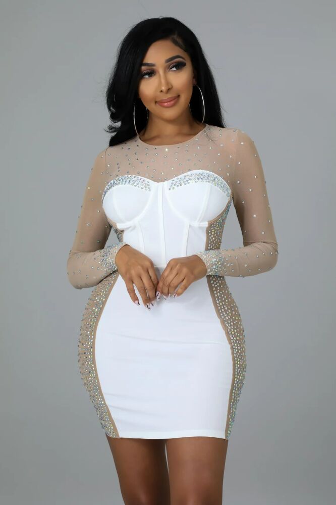 Size: S Off-White Nude Iridescent Rhinestones Accents Dress SKU: A34521