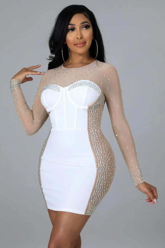 Size: S Off-White Nude Iridescent Rhinestones Accents Dress SKU: A34521