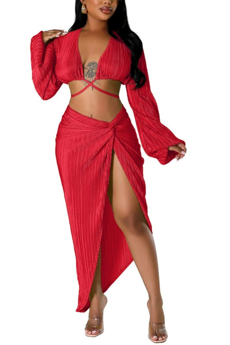 Size: 1XL Red Stretch Pleated Lace-Up Slit Maxi Skirt Set SKU: 076894
