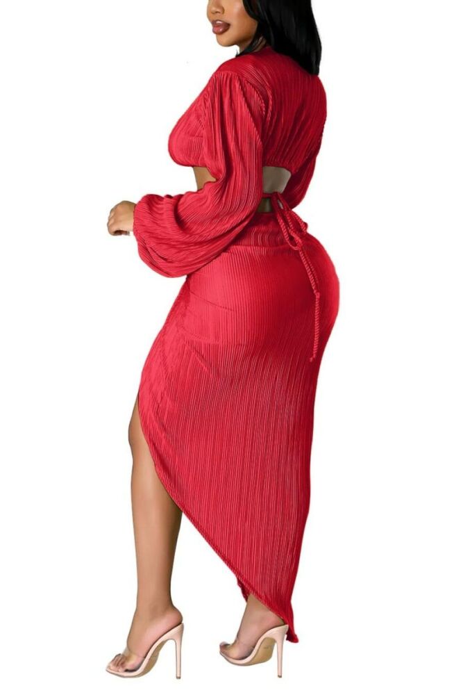 Size: L Red Stretch Pleated Lace-Up Slit Maxi Skirt Set SKU: 076894