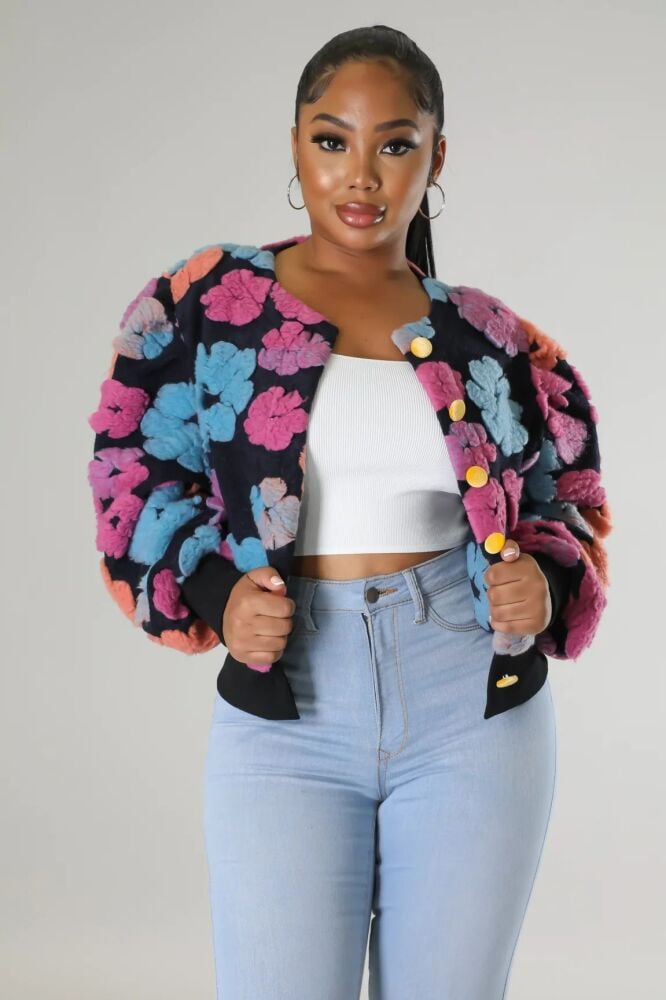 Multi Color Puff Sleeve Stretch Flower Jacquard All-match Jacket Size: 2XL